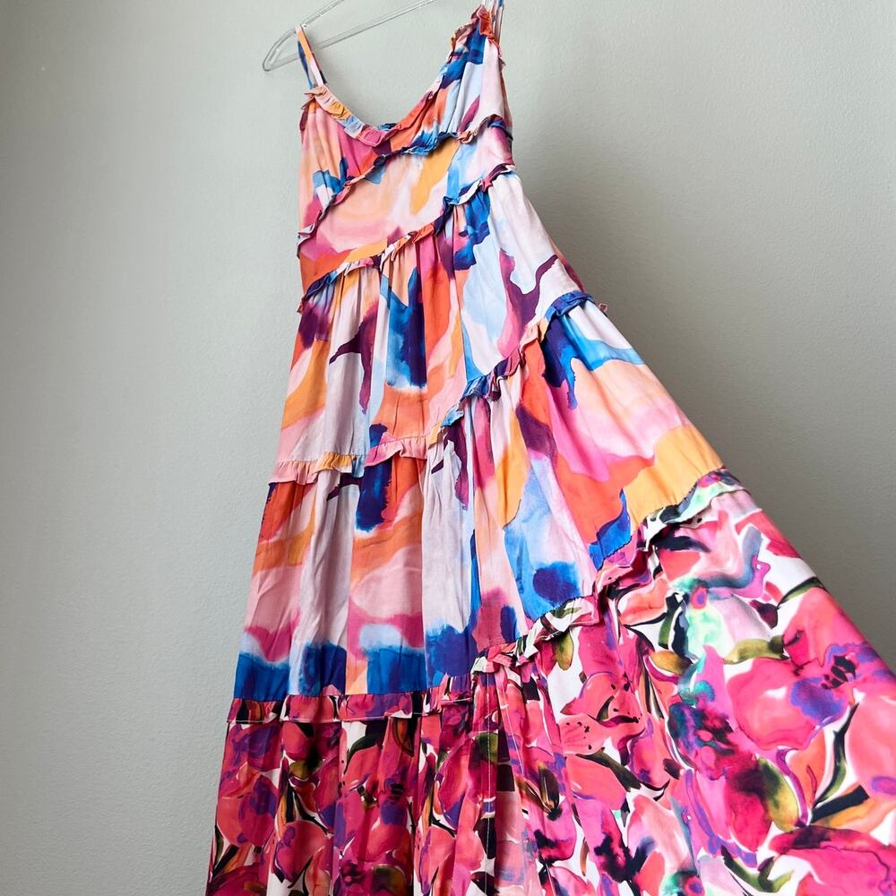 French Connection Isadora Delphine Maxi Tiered Dress Boho Watercolor Floral Sz 2